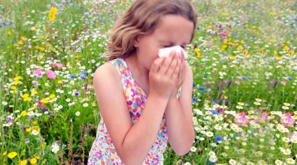 Una bambina allergica in un campo di fiori che starnutisce e si soffia il naso