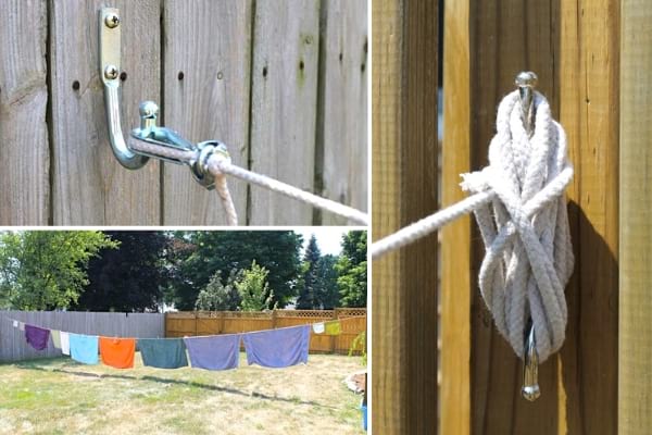 Une corde à linge tendu entre 2 clôtures dans un jardin pour faire sécher le linge.