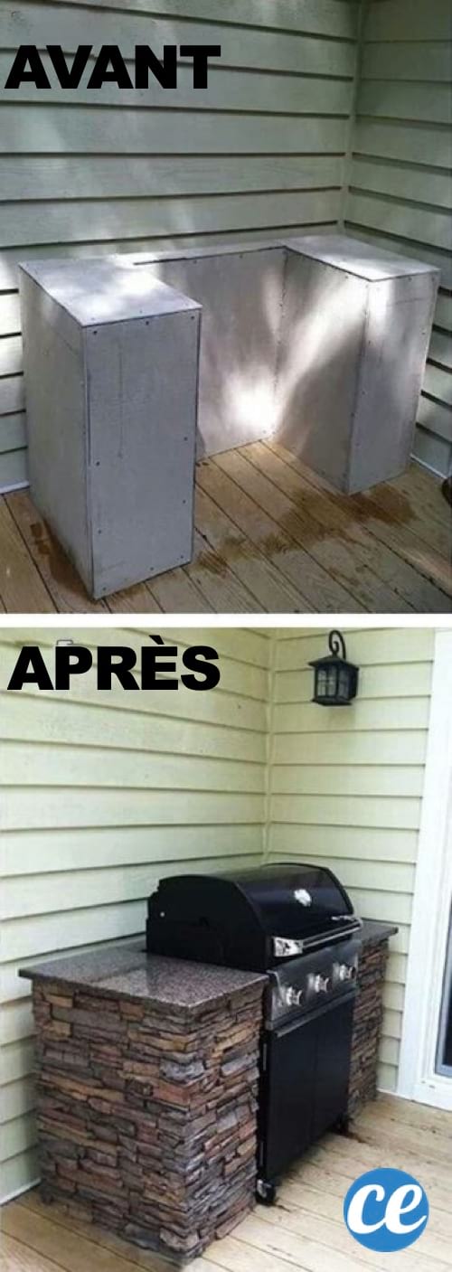 Un comptoir pour le barbecue fait maison avec des panneaux de fausses pierres