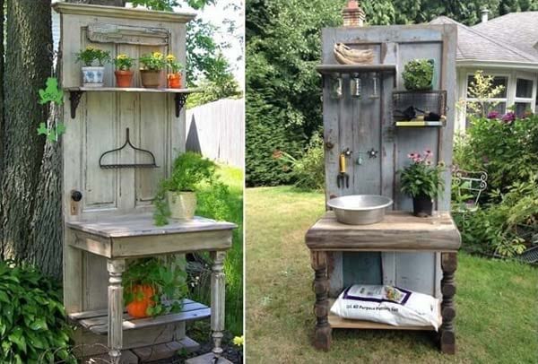 Espace jardinage avec des anciennes portes réutilisées