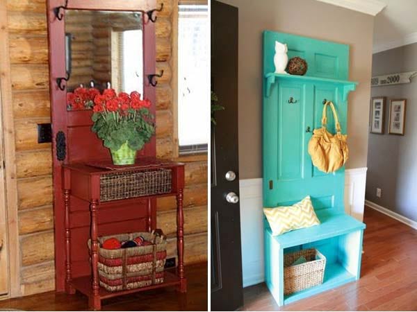 Espace de rangement à l'entrée avec d'anciennes portes colorées