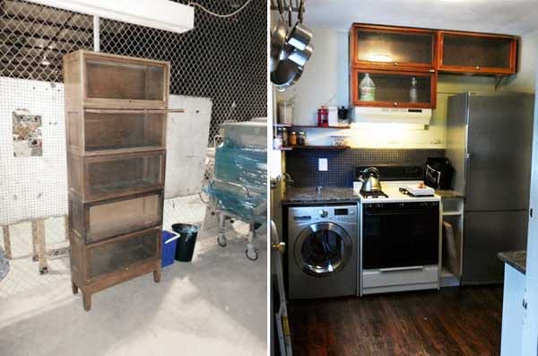 Ancien meuble de bibliothèque installé dans une cuisine 