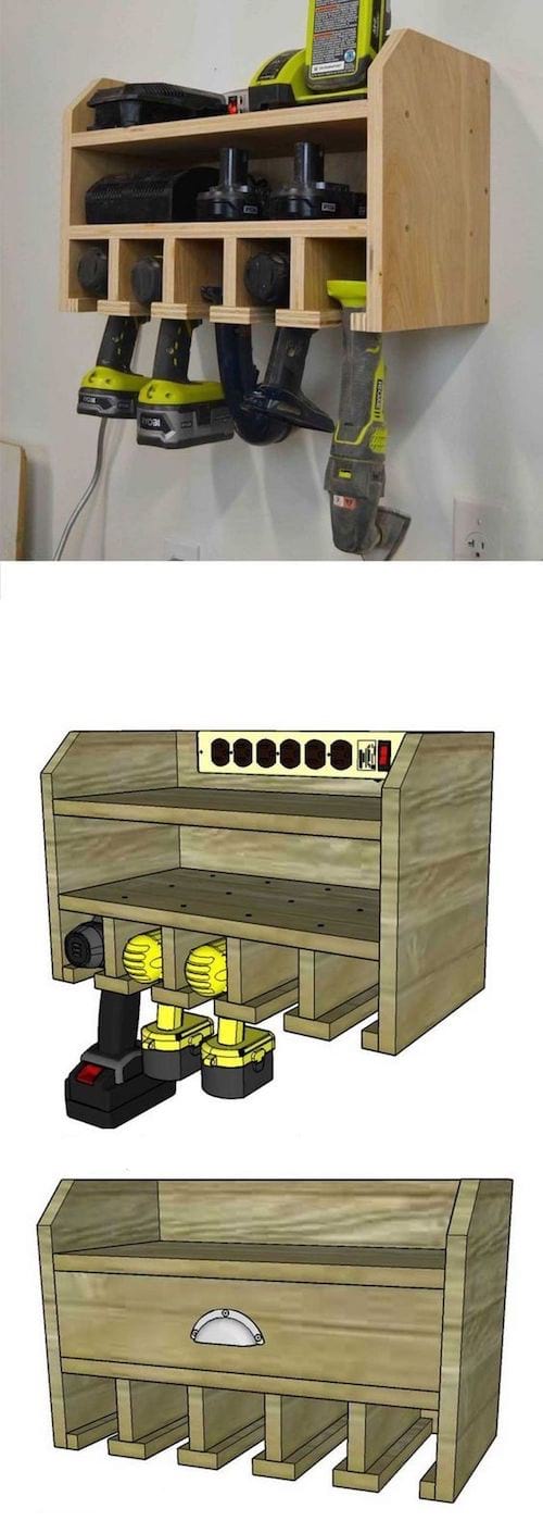 Meuble en bois qui sert de rangement pour matériels de bricolage