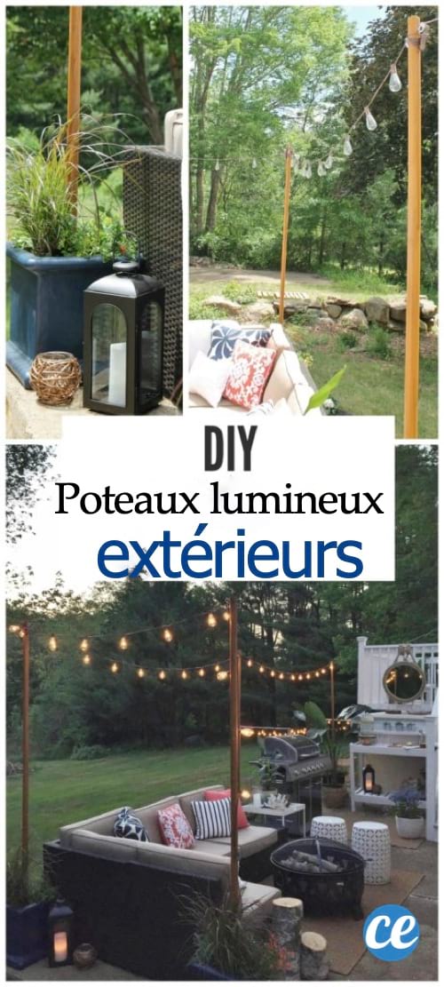 Des poteaux servent à suspendre une guirlande lumineuse et des pots de fleurs