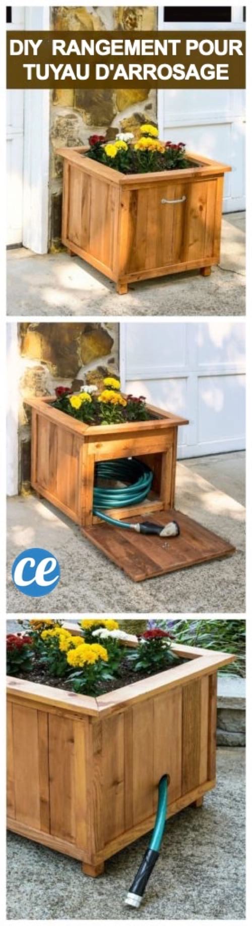 Un rangement fait maison pour le tuyau d'arrosage dans une jardinière en bois