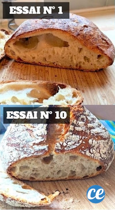Du bon pain fait maison, avec la première tentative à haut et la dixième en bas.