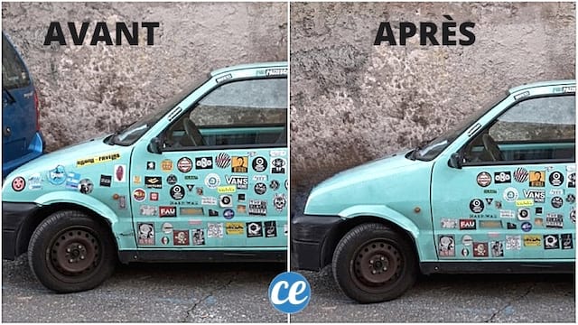 Une voiture avec plein de stickers avant et après avec une partie enlevée