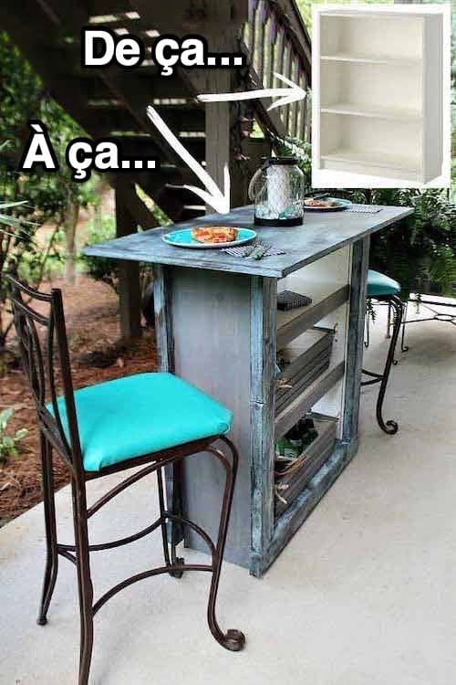 Ancienne bibliothèque transformée en table d'extérieur 