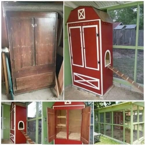 Armoire rouge dans un poulailler