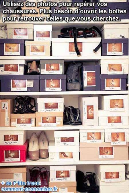 coller des photos sur les boites a chaussure pour les ranger