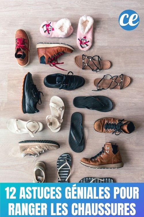 Des paires de chaussures adultes ou enfants posées sur le sol avec le texte 12 astuces pour ranger les chaussures