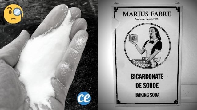 Du bicarbonate dans la main et un vieux sachet de bicarbonate dans une photo en noir et blanc