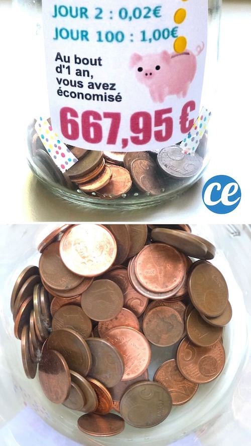 Boca avec des centimes dedans et une étiquette pour faire le défis des centimes pour économiser