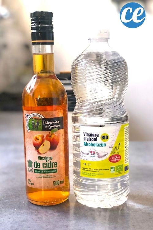Une bouteille de vinaigre de cidre et de vinaigre blanc sur un plan de travail