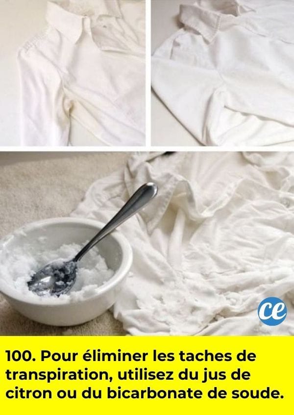 Du bicarbonate dans une coupelle pour nettoyer les taches jaunes de transpiration sous les bras d'une chemise blanche.