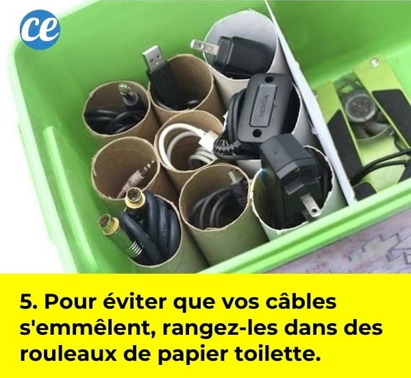 Des câbles et cordons électriques rangés dans une boîte avec des rouleaux de papier toilette.