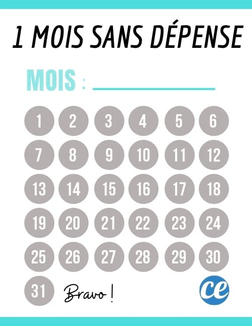 Calendrier pour faire le mois sans aucune dépenser 30 jours