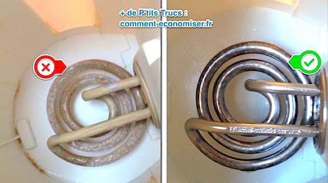 Une bouilloire toute entartrée à gauche et propre à droite