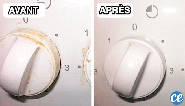 Des boutons de cuisinière plein de graisse à gauche et tout propre à droite