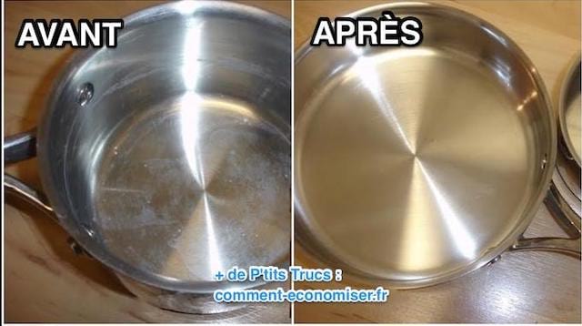 Une casserole sale avec du calcaire à gauche et propre à droite
