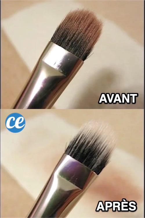 Un pinceau à maquillage sale en haut et propre en bas car nettoyé avec de l'alcool à 70