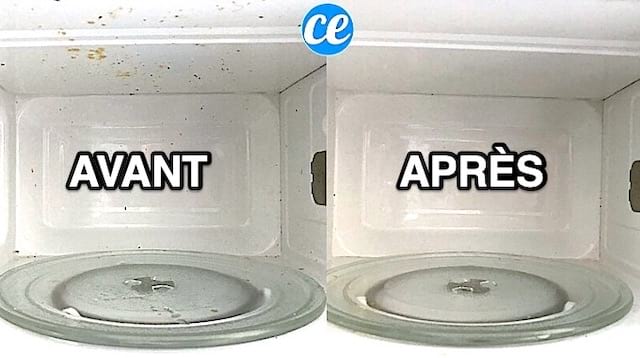 Un micro-ondes très sale à gauche et impeccable à droite grâce à une astuce de nettoyage facile