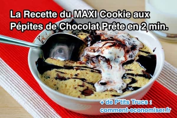 un grand cookie aux pépites de chocolat préparé au micro ondes
