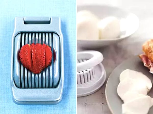 Des fraises et la mozzarella coupées en tranches grâce à un coupe-œuf 