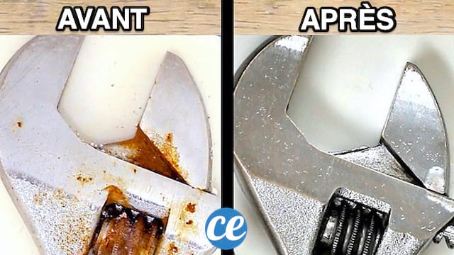 Une clé à molette toute rouillé en haut et comme neuve après avoir utilisé du bicarbonate