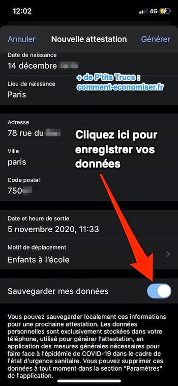 Enregistrer données pour attestation de sortie