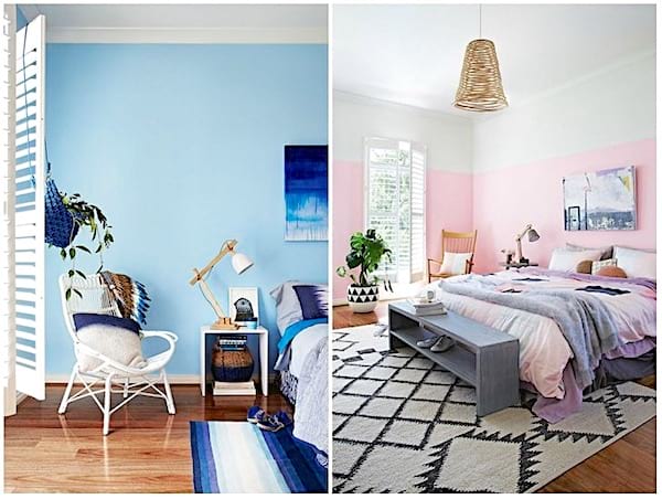 Un mur peint avec 2 couleurs blanche et bleue pour agrandir la pièce