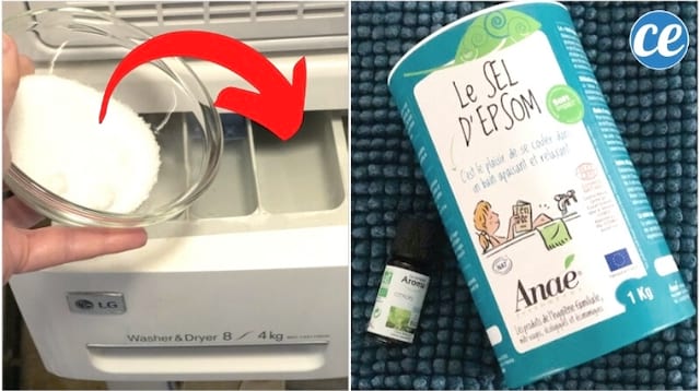 du sel d'epsom et de l'huile essentielle de citron devant une pile de serviettes