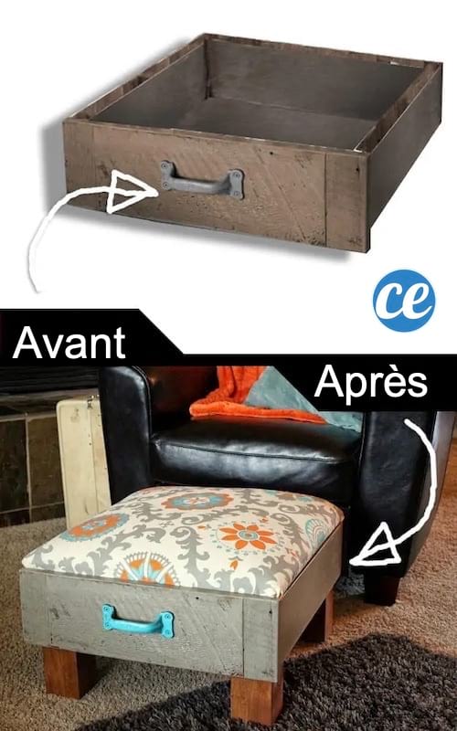 Vieux tiroir transformé en repose-pied
