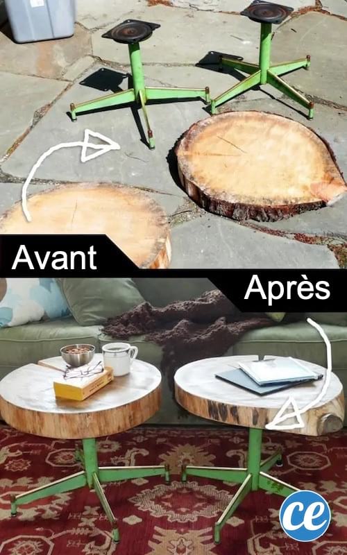 Chaise en métal avec un tronc d'arbre sur le dessus