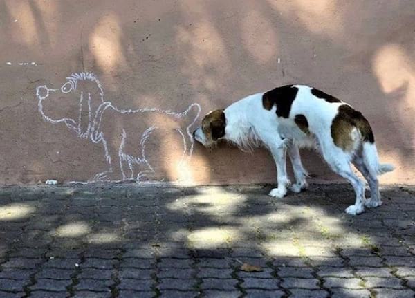 Un chien qui dessine un autre chien sur un mur