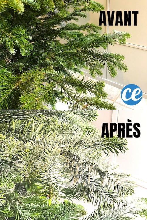 Un sapin d&eacute;cor&eacute;e avec de la neige artificielle faite maison avant et apr&egrave;s