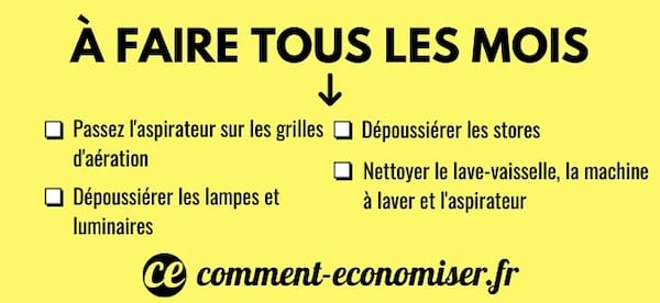 La check-list des tâches ménagères à faire tous les mois.