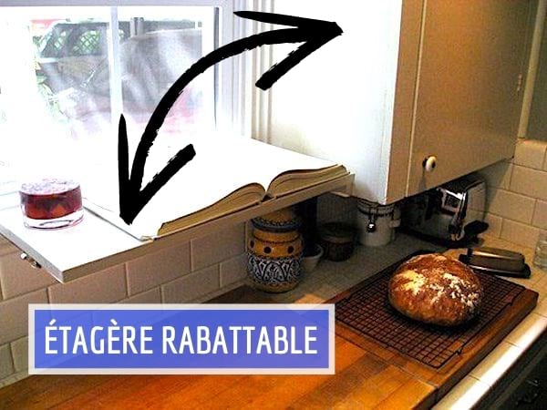 Utilisez une étagère rabattable au-dessus du plan de travail pour gagner de la place dans votre cuisine.
