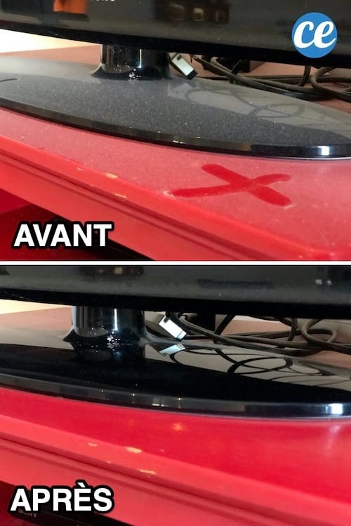 Un meuble en bois rouge plein de poussière et tout propre après