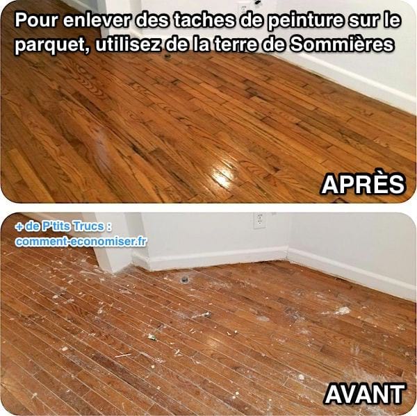 Un parquet en bois plein de taches de peinture nettoyé avec de la terre de sommières avant et après