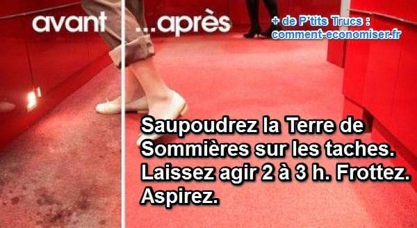 Une moquette rouge pleine de tache et nettoyée avec de la terre de sommières avant et après
