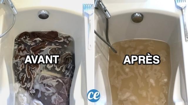 Une baignoire pleine de serviettes dans l'eau et la même baignoire sans les vêtements avec juste de l'eau sale