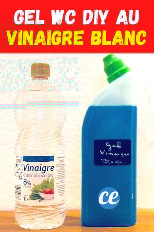 Une bouteille de vinaigre blanc transparente et un flacon bleu de gel en vinaigre blanc