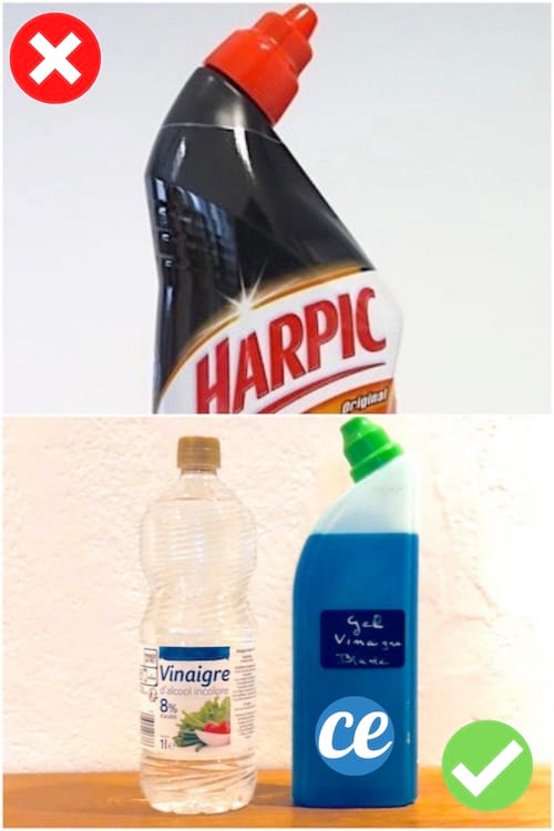 Du gel harpic dans un flacon noir en haut et du gel de vinaigre en bas pour le remplacer