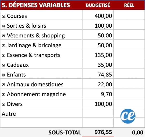 Tableau avec la liste des dépenses variables comme les courses et sorties