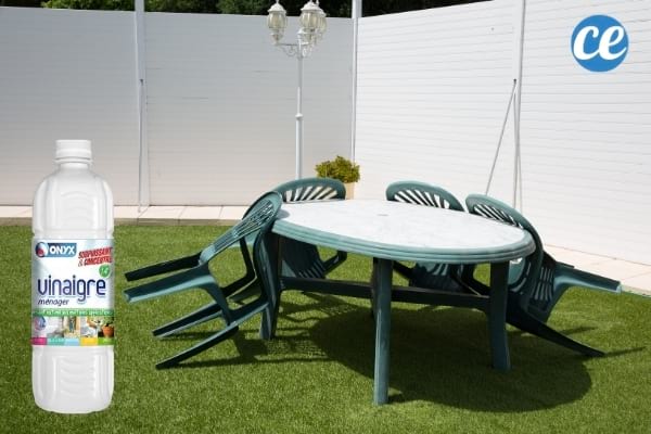 salon et table de jardin en plastique vert et vinaigre blanc