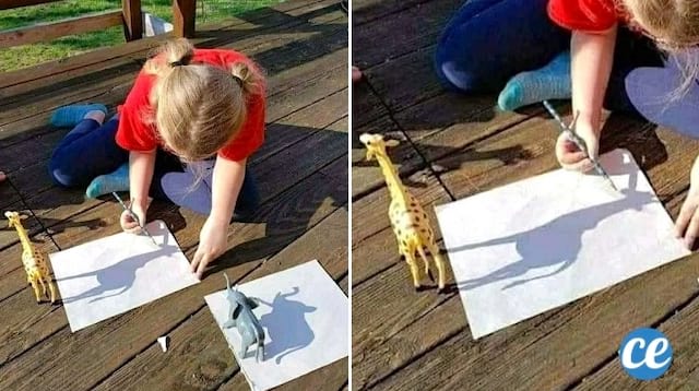 Une enfant qui reproduit une figurine sur une feuille de papier grâce à l'ombre du soleil