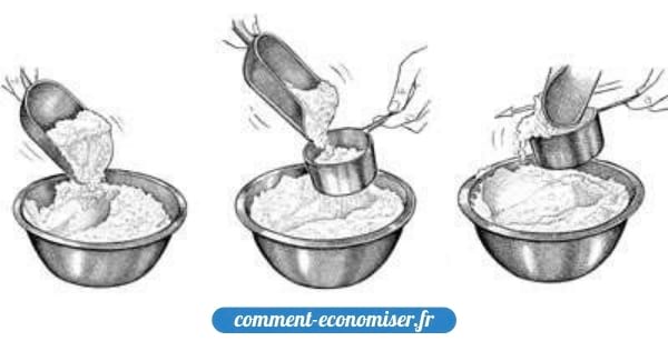 Mélanger, saupoudrer et niveler : la bonne méthode pour mesurer la farine.