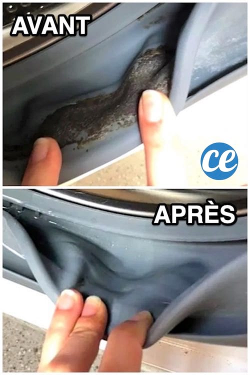 Un joint de machine à laver plein de moisissure avant et tout propre après le nettoyage