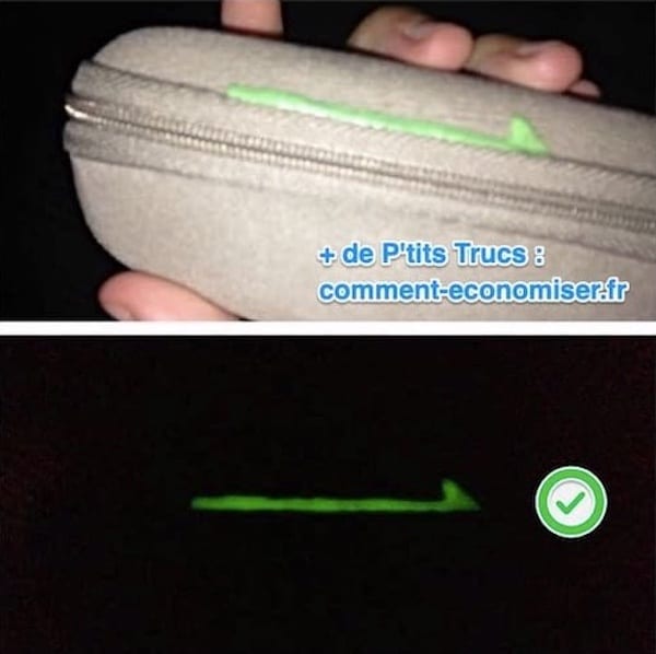 Un étui à lunettes avec un trait de peinture phosphorescente pour être vu dans la nuit